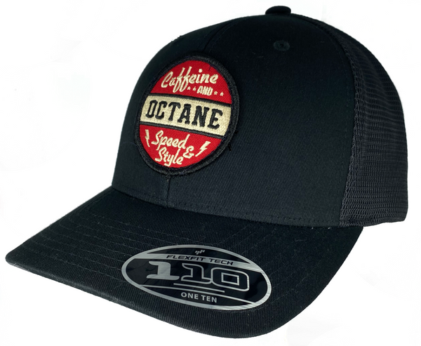 \'Red And FLEX-FIT Logo\' - - Caffeine Vintage Back Octane Black Mesh Patch Snapback Hat