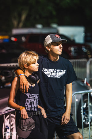 "Caffeine and Octane Lanier Raceway" White Logo - Black T-Shirt