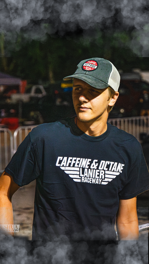 "Caffeine and Octane Lanier Raceway" White Logo - Black T-Shirt