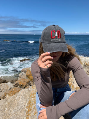 Red Embroidered Initials, Washed Style - Charcoal Hat